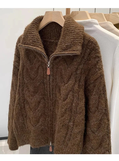 HELIAR Women Fall Winter New Casual Loose Knitted Cardigan Retro Solid Double Zipper Turn-down Collar Sweater Thicken Loose Tops