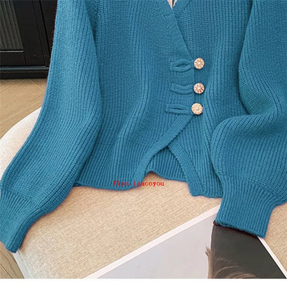 2025 Autumn Winter New Splicing Fake Two Pieces Knitted Cardigan Sweater Women Jacket Fashion Knitwear Loose Ladies Tops B693