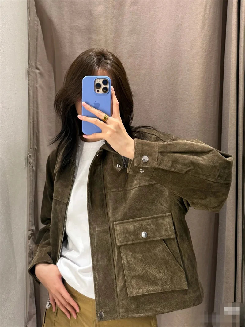 Women's Jacket New Fall 2025 Dark Brown Long Sleeve Bomber Jacket Pocket Decoration Casual Fashion Simple Personality