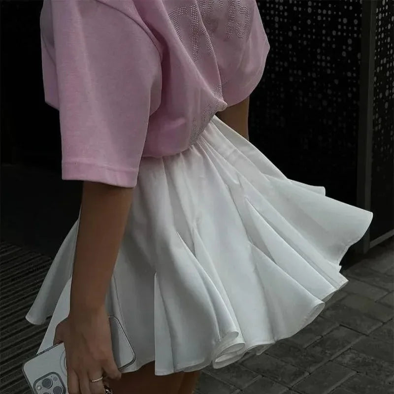 Talenza Women's White Mini Skirt A Line High Waist Sexy Cute Ruffle Retro Tennis Skirt Black Elastic Waist Short Skirt Summer