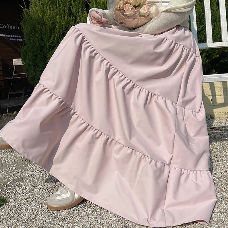 Korean Style Elastic High Waist White Skirt for Women Summer Loose Pleated Long Skirts Woman 2025 Vacation A Line Umbrella Skirt