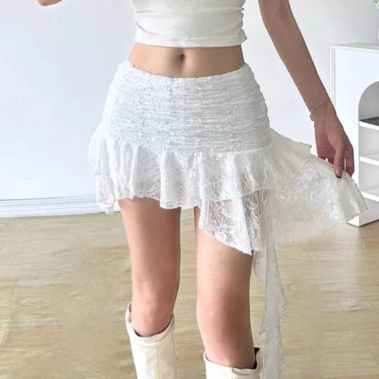 Bohemian Lace Irregular White Skirts Sexy Low-waist Ribbon Skirt for Women 2025 Summer New All-match Ruched Faldas Mujer