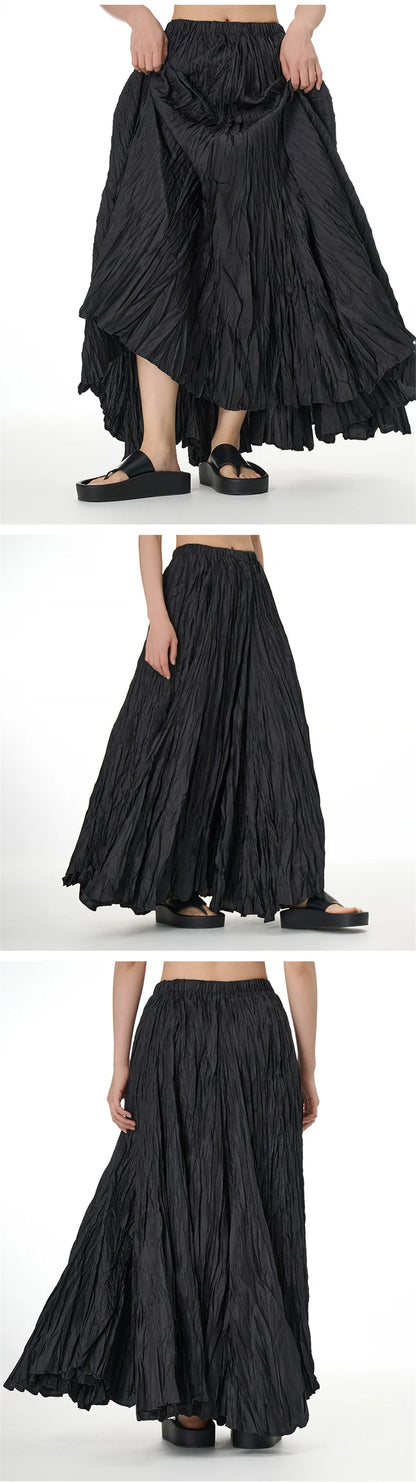 Elegant Drape Crumpled Skirts Women Summer Elastic Waist Big-Hem Long Skirts Large Size Loose Umbrella Skirts Female Streetwear