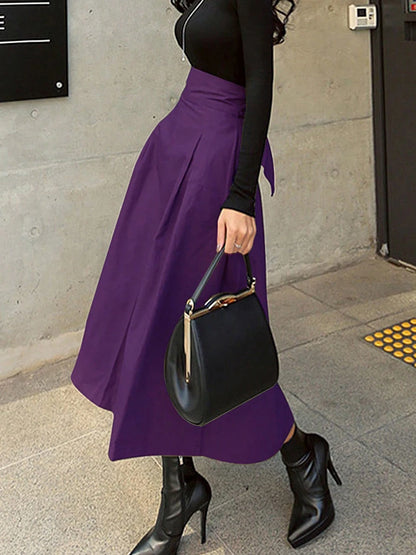 Stylish Solid A-line Skirts for Women Preppy School Style High Elastic Waist Long Skirt With Bow Woman Clothing Women's Skirts