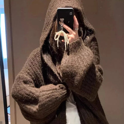Winter Women Long Sleeve Loose Hooded Loose Knitted Coat Autumn Fashion Solid Color Sweater Elegant Casual Cardigan Knitwear