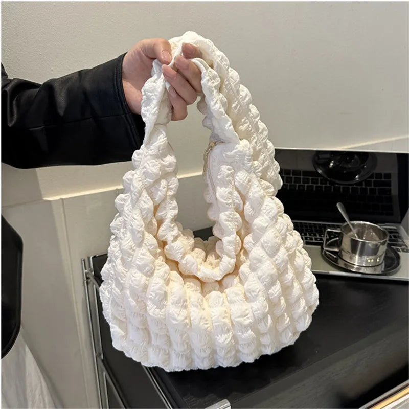 Crossbody Bag With Pleated Design Embroidered Plaid Shoulder Bag Underarm Bags Simple Large Capacity Quilted Tote Bags For Women