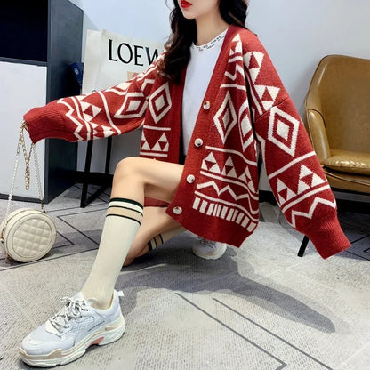 New Fashion Geometry Printing Knitted Caridgan Coat Autumn Winter Casual Loose Women Sweaters Office Lady Knitted Clothes