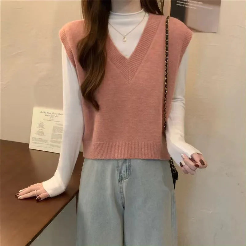 Xpqbb Spring Autumn New V-neck Knitted Vest Women Vintage Sleeveless Sweater Waistcoat Female Korean Chic Cropped Knit Tops