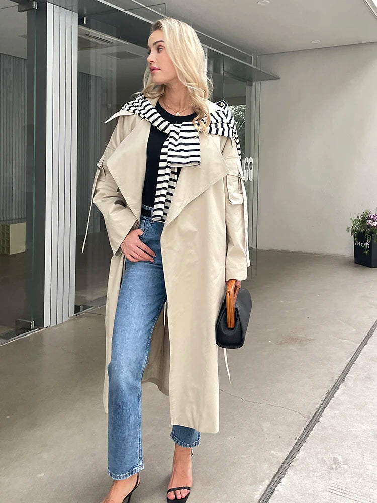 2024 Spring Fall New Korea style Women's Oversized Cotton Long Trench Coat With Belt  Casual Female Windbreaker