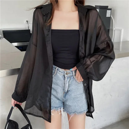 Oversized Shirt for Women Black White Thin Chiffon Collared Long Sleeve Button-Up Shirt Blouse Female Teen-girl Beach Cover Up