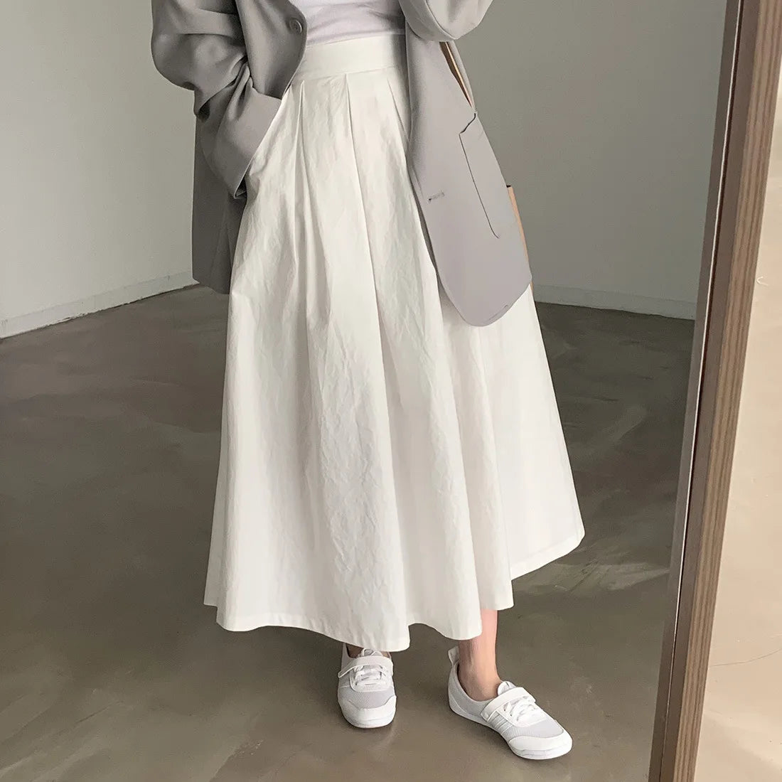 2024 Women Elegant White Long Skirts High Waist A-Line Cotton Maxi Skirts Women Casual Skirts