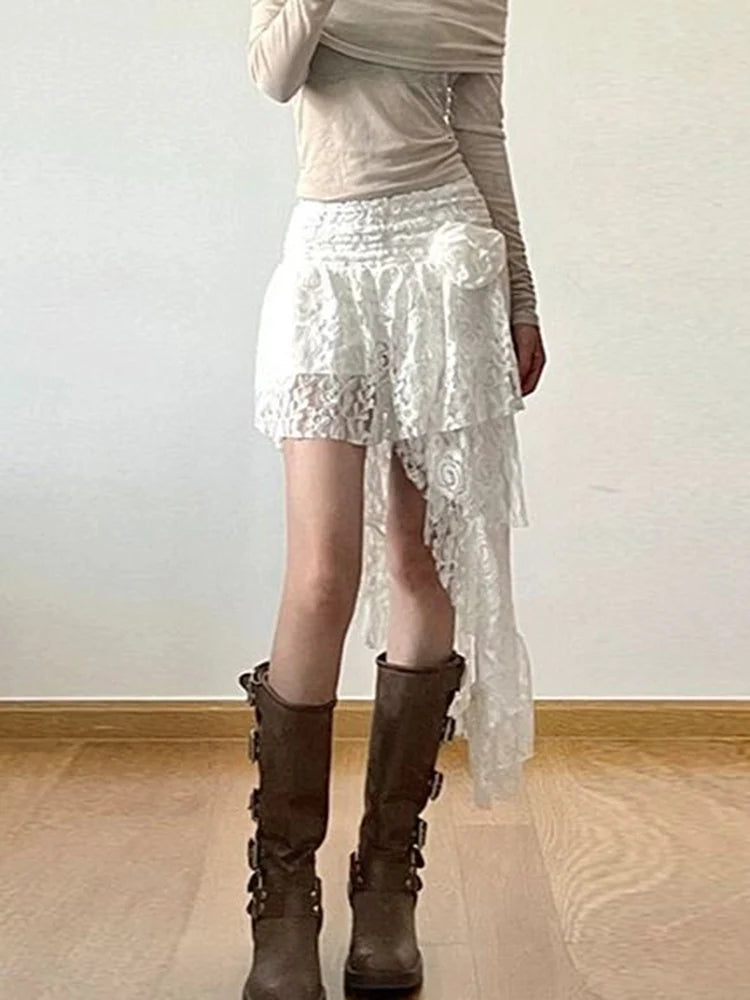 Zoki Sexy Bohemian Sweet Lace Skirt Women Elegant Irregular High Waist Skirt Vintage Korean Lady Casual Cute White A Line Skirts
