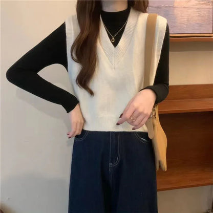 Xpqbb Spring Autumn New V-neck Knitted Vest Women Vintage Sleeveless Sweater Waistcoat Female Korean Chic Cropped Knit Tops