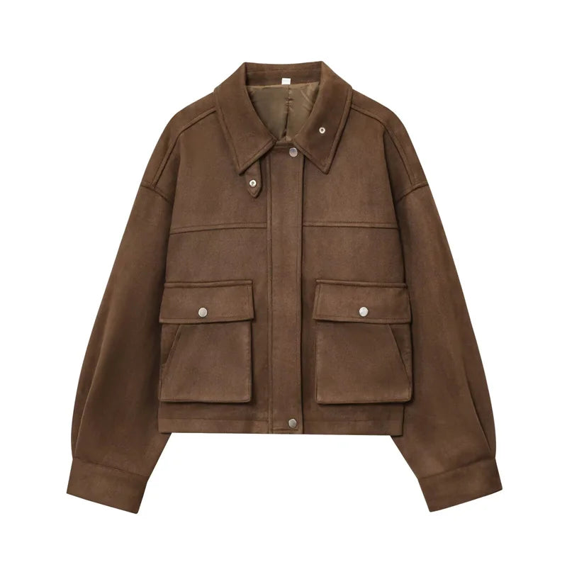 Women's Jacket New Fall 2025 Dark Brown Long Sleeve Bomber Jacket Pocket Decoration Casual Fashion Simple Personality