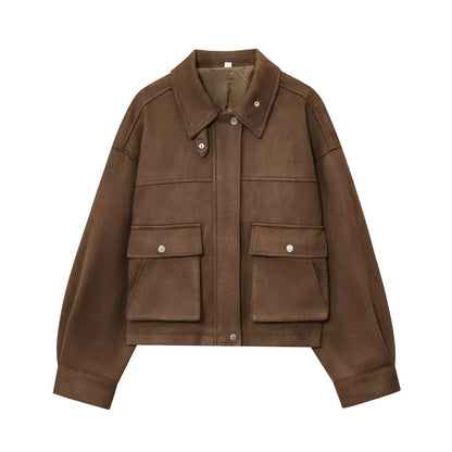 Women's Jacket New Fall 2025 Dark Brown Long Sleeve Bomber Jacket Pocket Decoration Casual Fashion Simple Personality