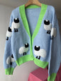 Sheep Pattern Crochet Chunky Knit Cardigan Cute Cartoon Sweater Vintage Long Sleeve V Neck Autumn Women Jumper Outerwear