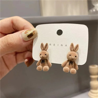 Flocking Velvet Rabbit Bear Stud Earrings for Women Fall Fashion Kawaii Animal Earrings Girls Korean Kids Jewelry Brincos Gifts