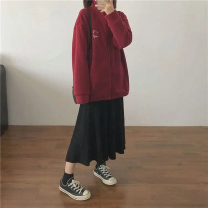 Autumn Winter Fleece Zipper Sweatshirt Jacket Women Clothing Embroidery Coats Warm Long Sleeve Cardigan Sport Outdoor Sweatshirt