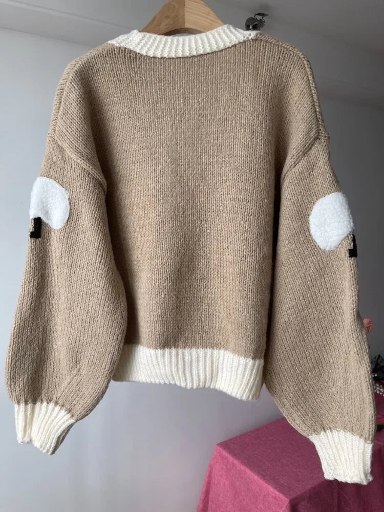 Sheep Pattern Crochet Chunky Knit Cardigan Cute Cartoon Sweater Vintage Long Sleeve V Neck Autumn Women Jumper Outerwear