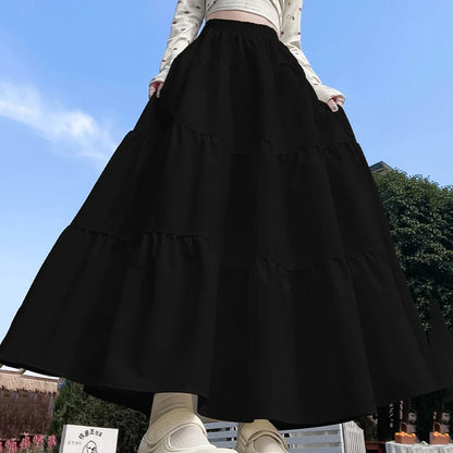 Korean Style Elastic High Waist White Skirt for Women Summer Loose Pleated Long Skirts Woman 2025 Vacation A Line Umbrella Skirt