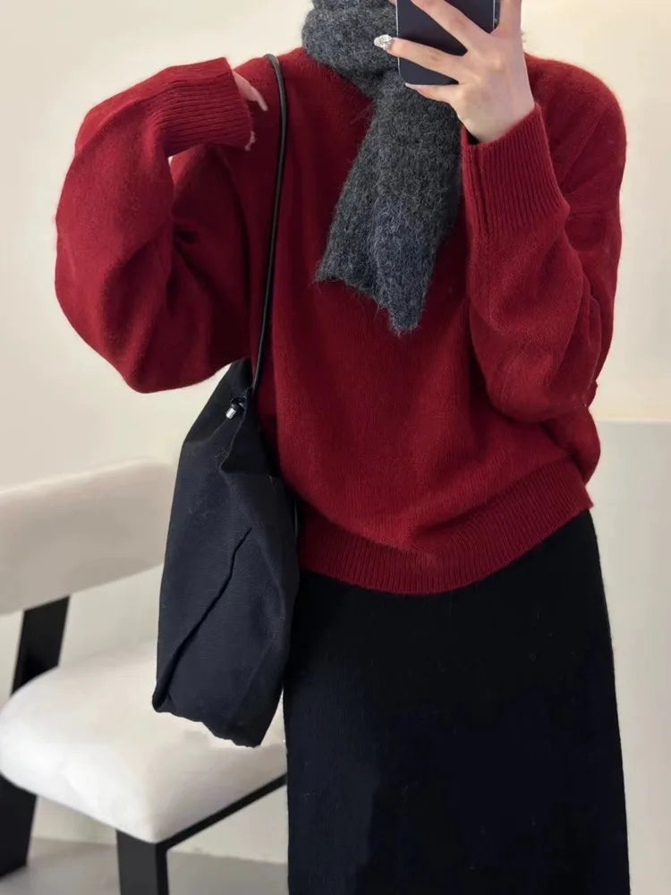 Original Autumn/Winter Thicken Loose Cashmere Sweater Women's Round Neck Pullover 100% Pure Wool Knit Sweater Soft Top Female