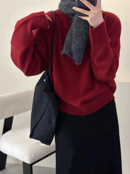 Original Autumn/Winter Thicken Loose Cashmere Sweater Women's Round Neck Pullover 100% Pure Wool Knit Sweater Soft Top Female