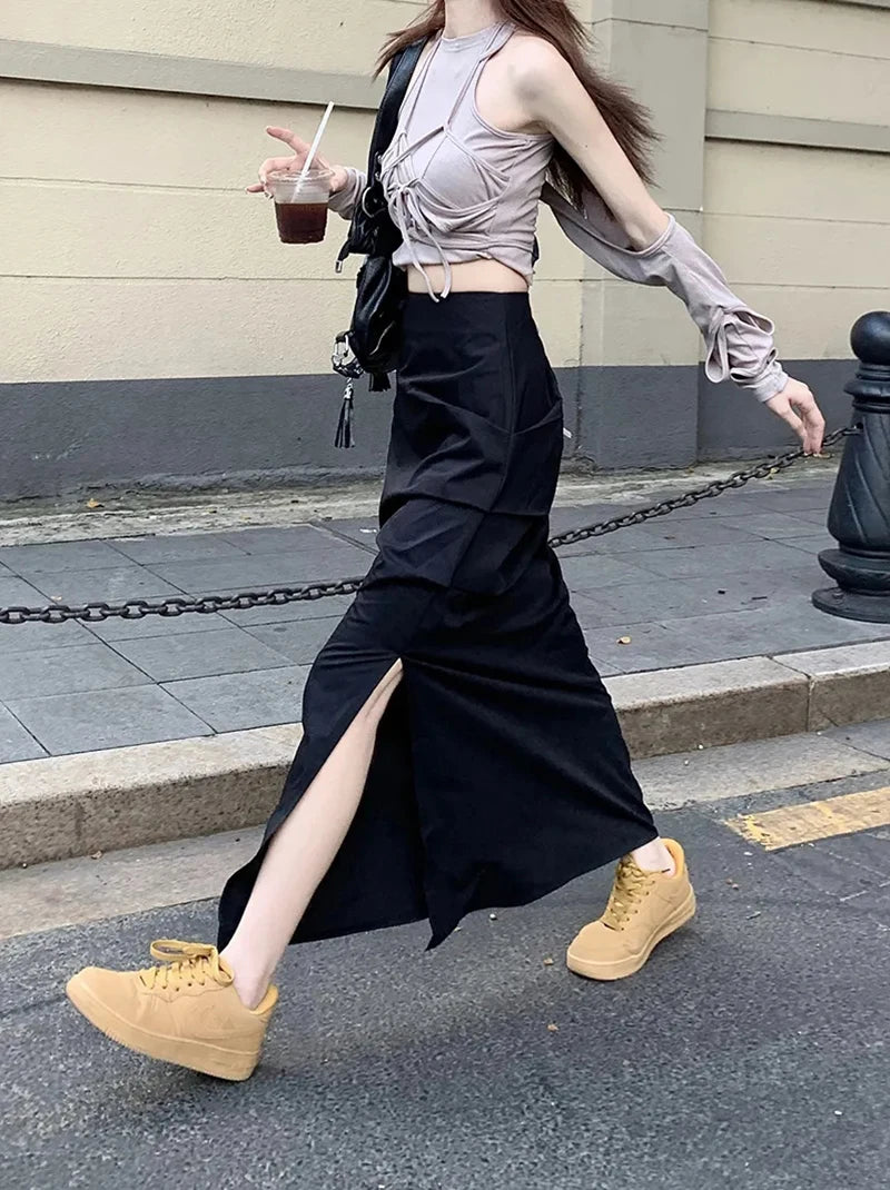High Waist Pleated Skirt for Women Korean Fashion Streetwear Sexy Slit Midi Skirt Y2K Loose Hip Hop All-Match Female Cargo Skirt