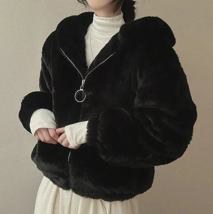 Winter Women Fur Coat Zipper Loose Hoodies Over Coat Thick Warm Plus Size Female Plush Casual Coats