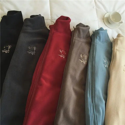 Autumn Winter Fleece Zipper Sweatshirt Jacket Women Clothing Embroidery Coats Warm Long Sleeve Cardigan Sport Outdoor Sweatshirt