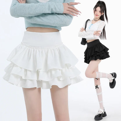 Seoulish Spring Summer Women's Cake Short Skirts 2025 New High Waist Vintage Black Korean Pleated Ball Gown Skirts Female