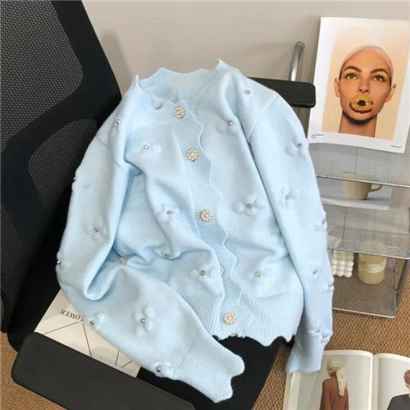 White Socialite Style Embroidery Knitted Cardigan 2024 Early Autumn Top Floral Sweater Jacket Spring Wardrobe New Match Women's