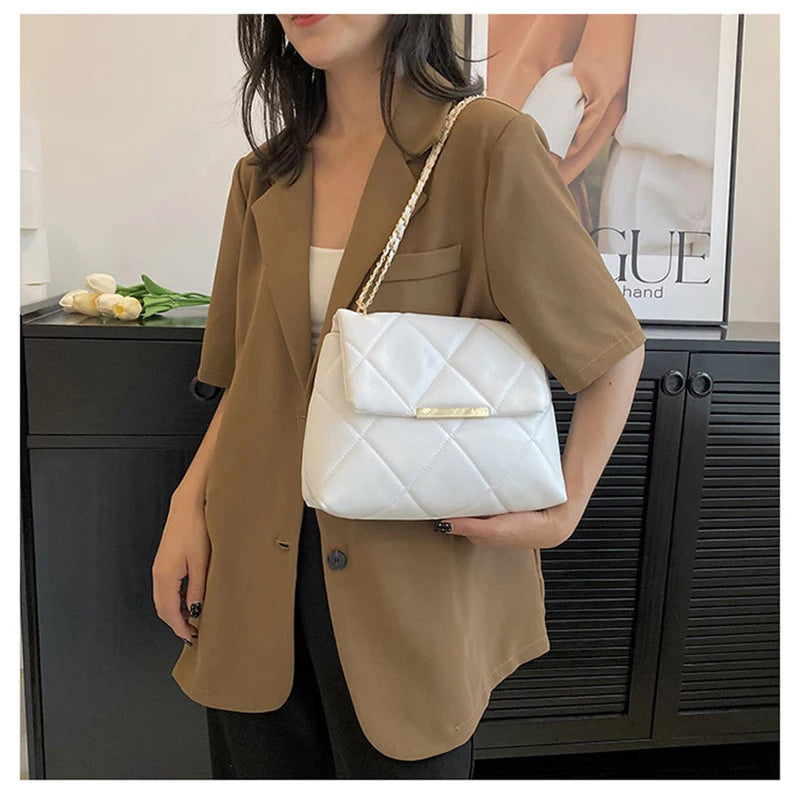 Plaid Thread Women Handbags Lady Underarm Shoulder Bag Large Capacity Commuting Tote Bag PU Leather Chain Strap Crossbody Bag