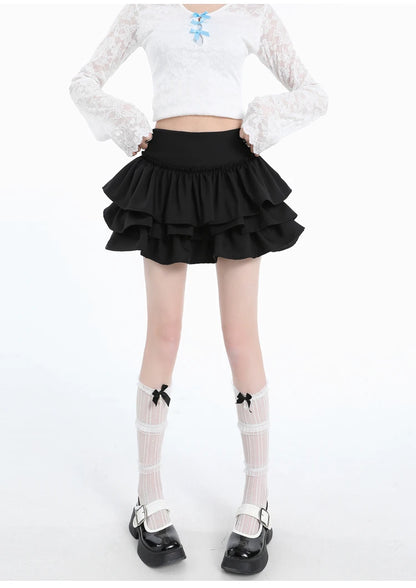 Seoulish Spring Summer Women's Cake Short Skirts 2025 New High Waist Vintage Black Korean Pleated Ball Gown Skirts Female