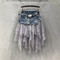 Punk Women Denim Skirts Mesh Patchwork Jean Skirt Y2K High Waist A Line Asymmetric Tulle Skirts Pleated Gothic Chic