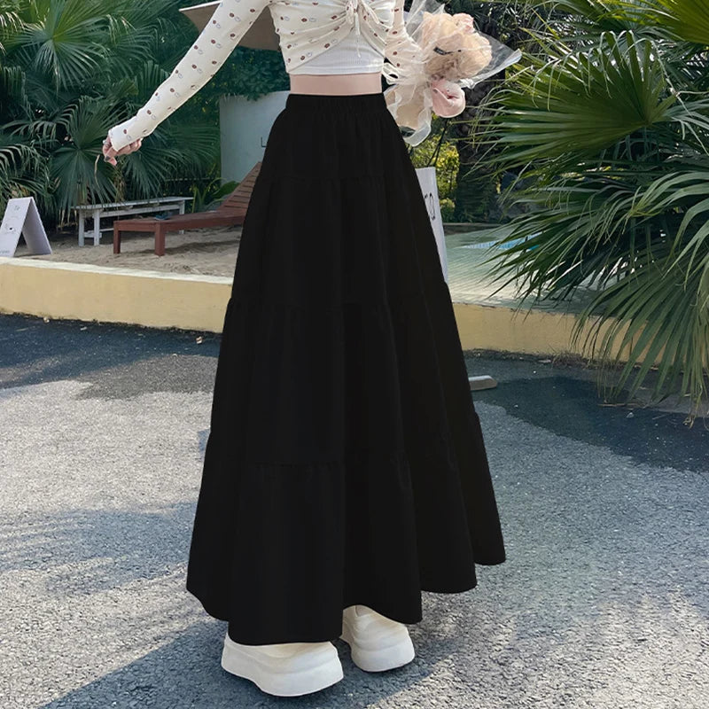 Korean Style Elastic High Waist White Skirt for Women Summer Loose Pleated Long Skirts Woman 2025 Vacation A Line Umbrella Skirt