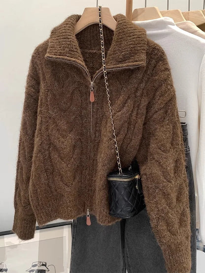 HELIAR Women Fall Winter New Casual Loose Knitted Cardigan Retro Solid Double Zipper Turn-down Collar Sweater Thicken Loose Tops