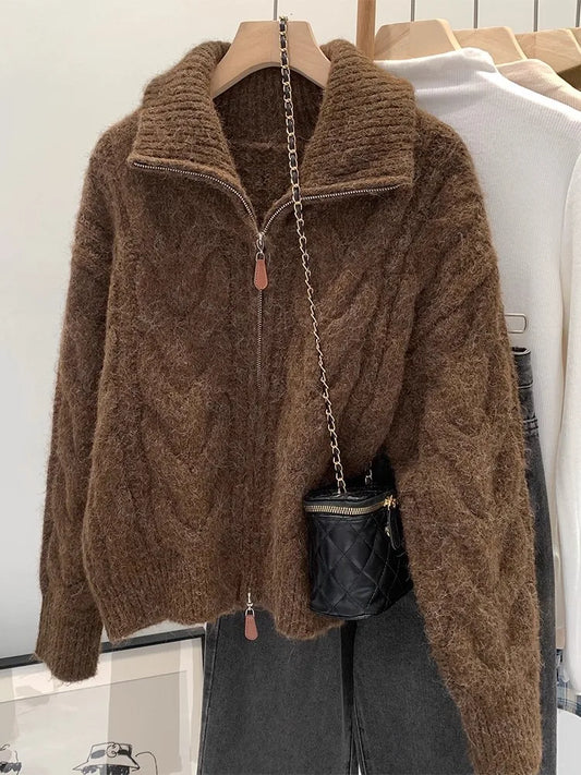 HELIAR Women Fall Winter New Casual Loose Knitted Cardigan Retro Solid Double Zipper Turn-down Collar Sweater Thicken Loose Tops