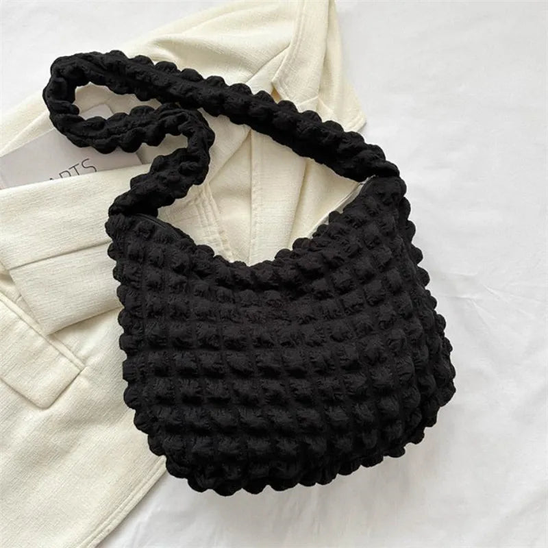 Crossbody Bag With Pleated Design Embroidered Plaid Shoulder Bag Underarm Bags Simple Large Capacity Quilted Tote Bags For Women