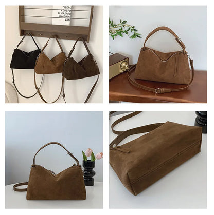 New Fashion Simple Fall Winter Spacious Boston Tote Bag Soft Matte Suede Design Women's Large Capacity Portable Hand Strap Bag