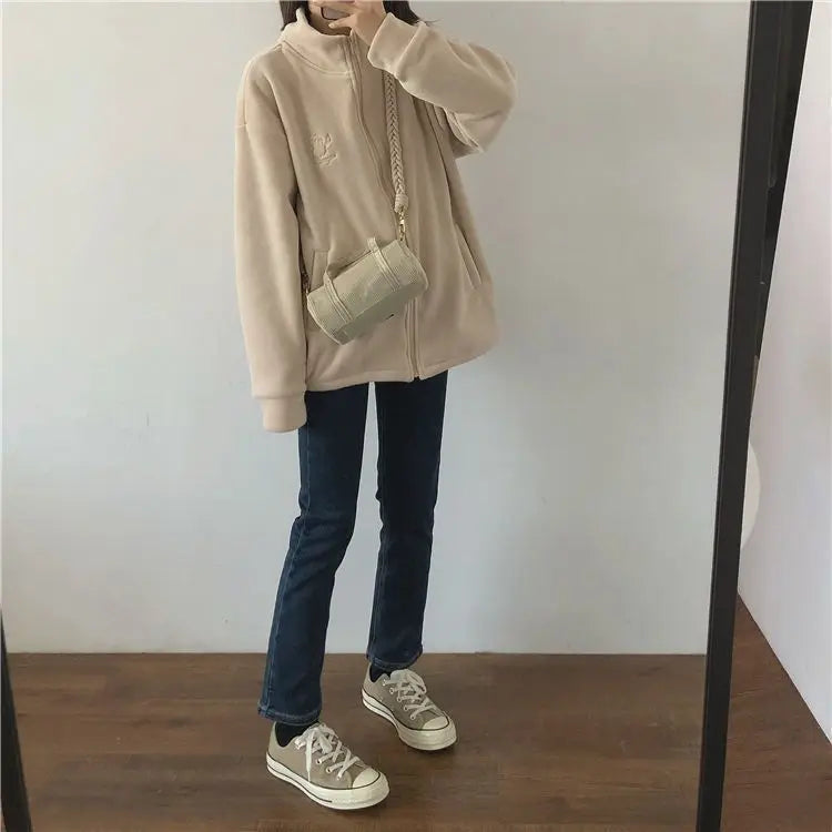 Autumn Winter Fleece Zipper Sweatshirt Jacket Women Clothing Embroidery Coats Warm Long Sleeve Cardigan Sport Outdoor Sweatshirt
