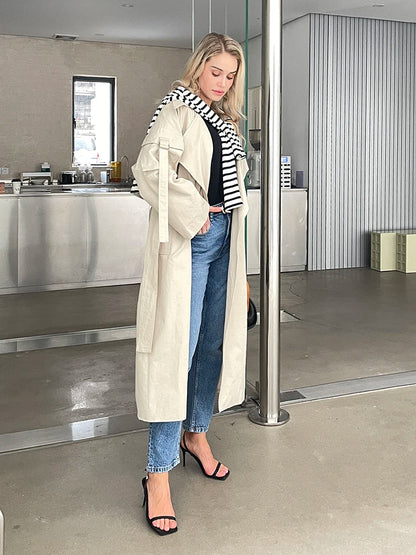 2024 Spring Fall New Korea style Women's Oversized Cotton Long Trench Coat With Belt  Casual Female Windbreaker