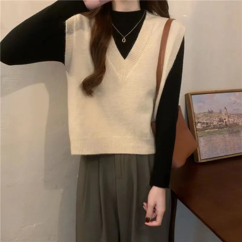 Xpqbb Spring Autumn New V-neck Knitted Vest Women Vintage Sleeveless Sweater Waistcoat Female Korean Chic Cropped Knit Tops