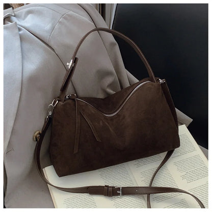 New Fashion Simple Fall Winter Spacious Boston Tote Bag Soft Matte Suede Design Women's Large Capacity Portable Hand Strap Bag