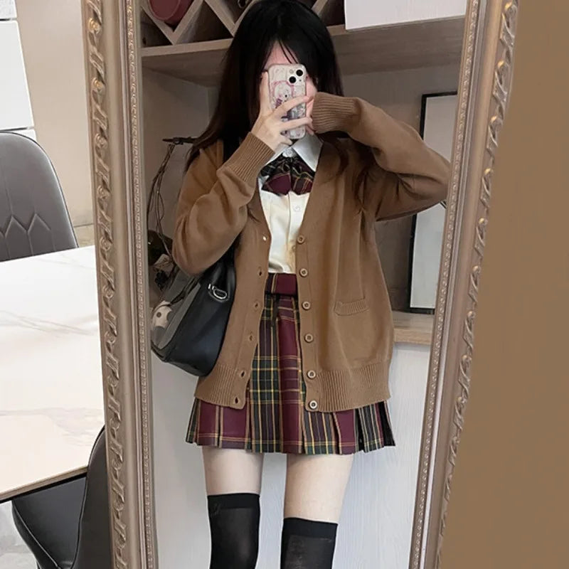 Cardigans Women Button-up Japan Style Students Long Sleeve Knitted Sweaters Loose All-match Autumn Winter Solid Color Pockets