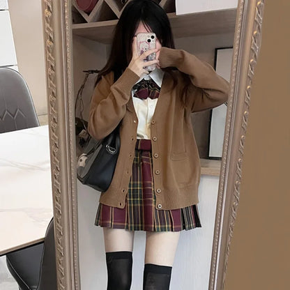 Cardigans Women Button-up Japan Style Students Long Sleeve Knitted Sweaters Loose All-match Autumn Winter Solid Color Pockets