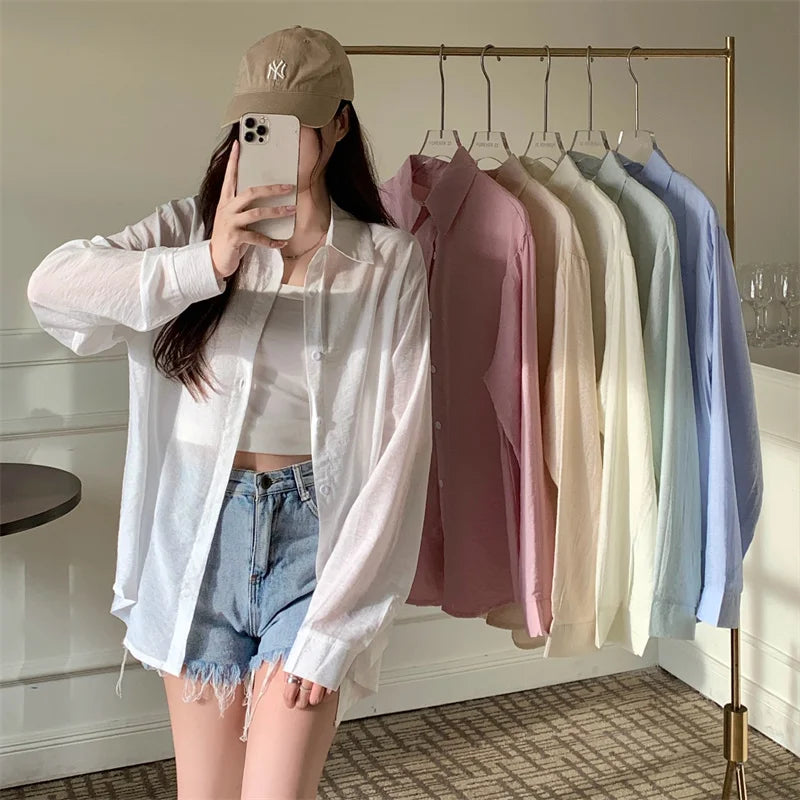 Breezy Button-Down Shirt for Women Long Sleeve Collared Lightweight Oversized Shirt Spring Summer Teenage Girl Basic Outfit
