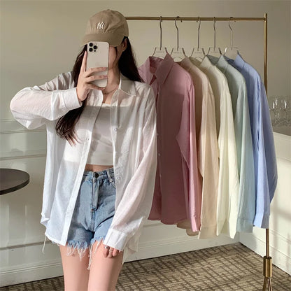 Breezy Button-Down Shirt for Women Long Sleeve Collared Lightweight Oversized Shirt Spring Summer Teenage Girl Basic Outfit