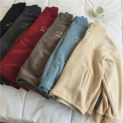 Autumn Winter Fleece Zipper Sweatshirt Jacket Women Clothing Embroidery Coats Warm Long Sleeve Cardigan Sport Outdoor Sweatshirt
