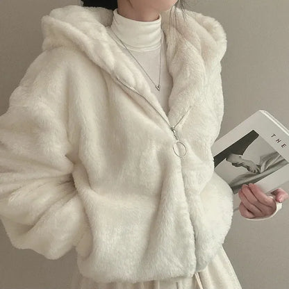 Winter Women Fur Coat Zipper Loose Hoodies Over Coat Thick Warm Plus Size Female Plush Casual Coats