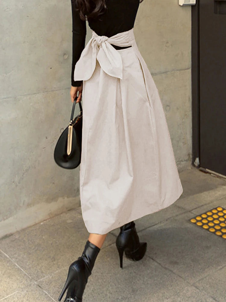 Stylish Solid A-line Skirts for Women Preppy School Style High Elastic Waist Long Skirt With Bow Woman Clothing Women's Skirts